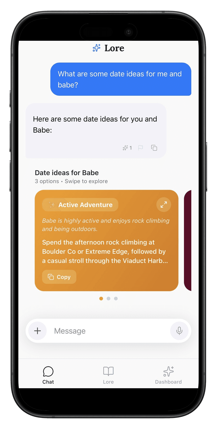 Lore Chat showing suggestions
