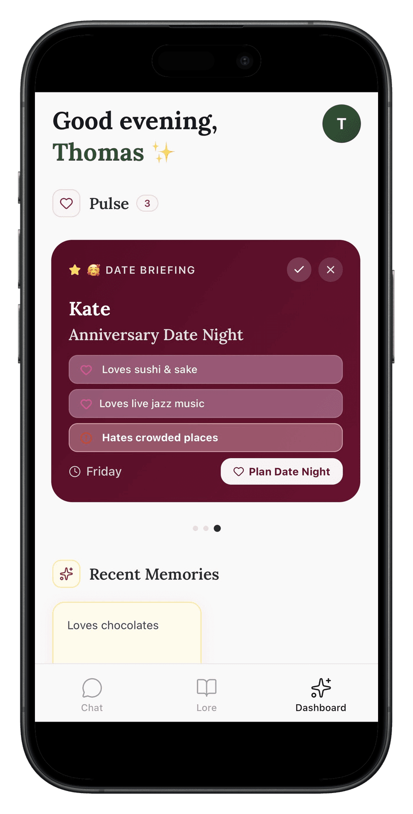 Lore Dashboard showing date briefing